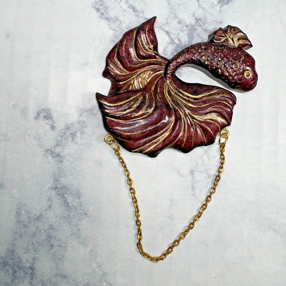 Lucky Antique Chinese Gold Filigree Hand Painted Red Vtg Resin Koi Fish w Chain